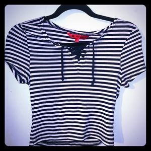 Navy and white striped crop tee